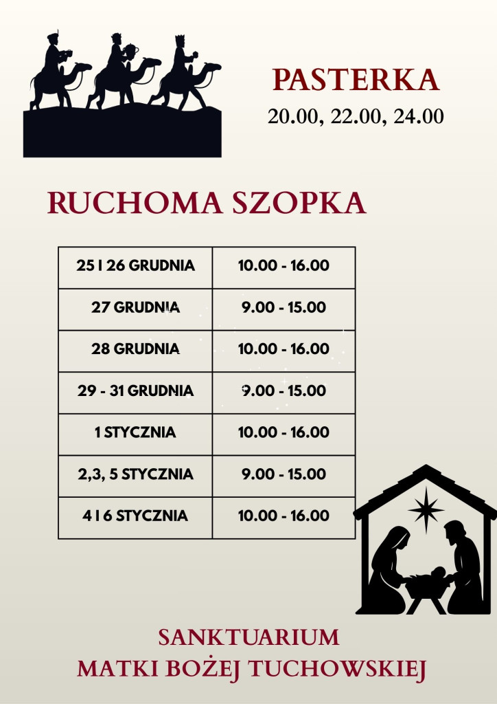 Plakat z godzinami otwarcia ruchomej szopki w okresie bożonarodzeniowym